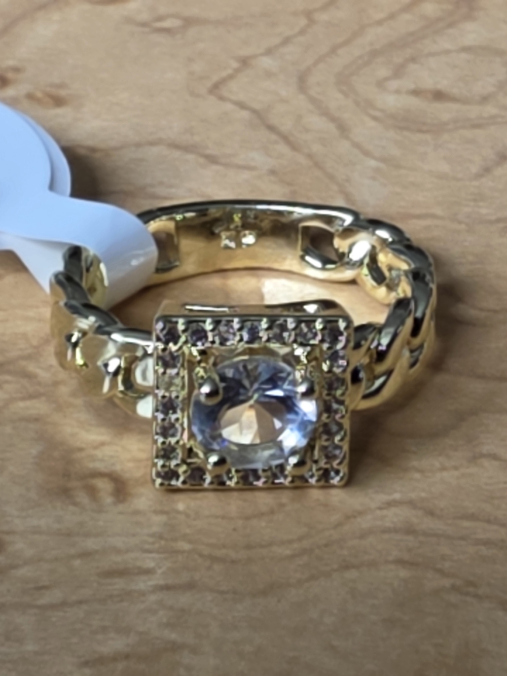 Source Unknown Gold-plated Over Brass Square Halo Ring with Clear Center Stone